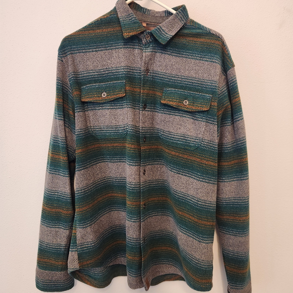 Striped Button-Up Shirt in Teal, Gray, and Mustard
